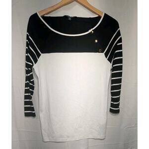 Lauren Ralph Lauren Womens Nautical Striped Boat Neck Tee XL Sailor‎ Black White